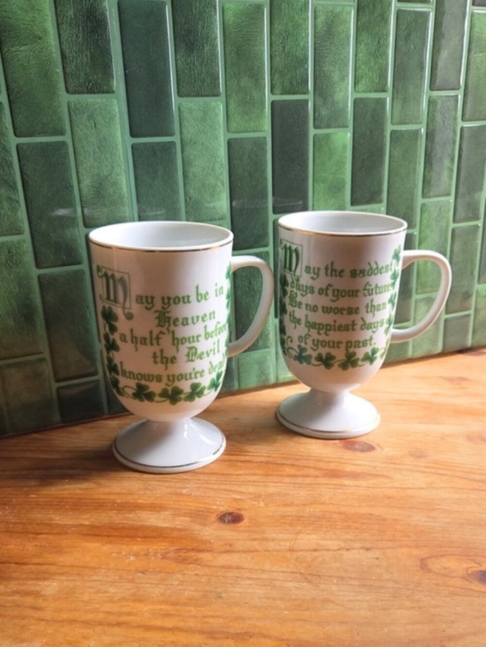 Irish Blessings Vintage Footed Coffee Mugs Set of 2 Shamrocks